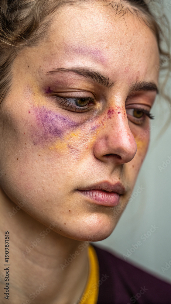 Fototapeta premium Woman with facial bruises looking down against neutral background