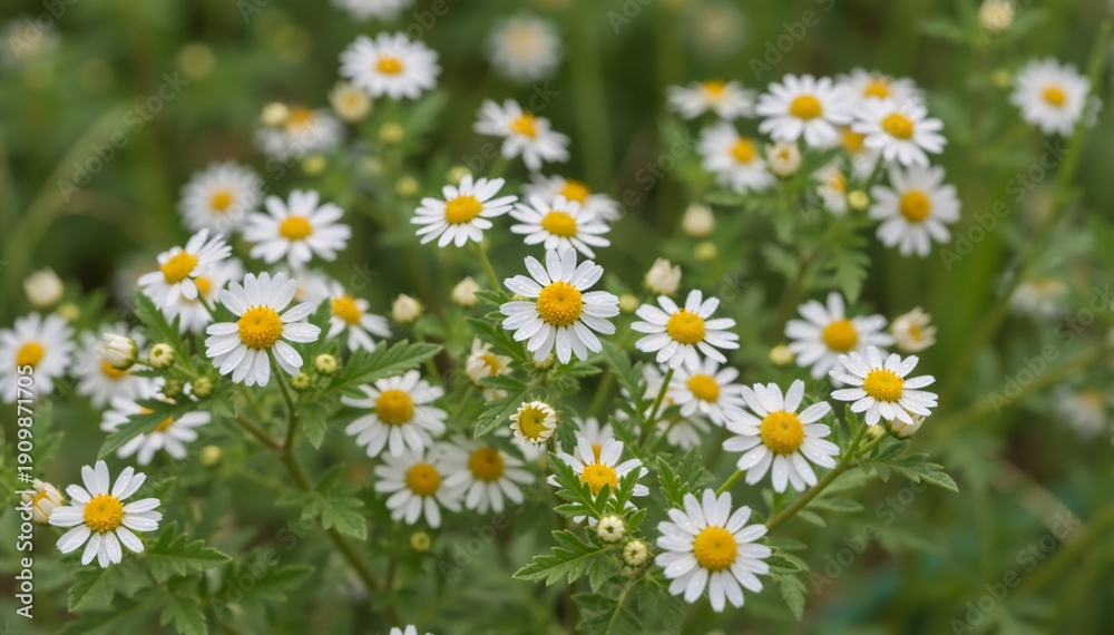 Fototapeta premium Field of white daisies with yellow centers in a green meadow. Spring wildflowers in bloom. Natural floral background