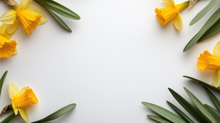 Yellow daffodils with green leaves creating a vibrant floral border on a clean white background, offering ample copy space for text and designs, symbolizing spring and renewal