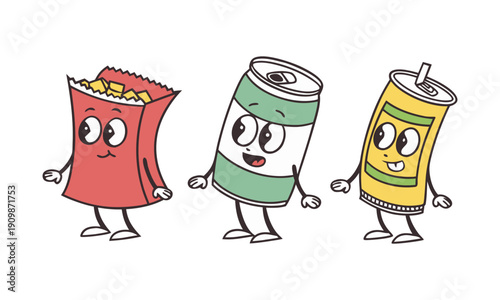 Generic snack packaging mascot characters isolated vector illustration, easily editable.