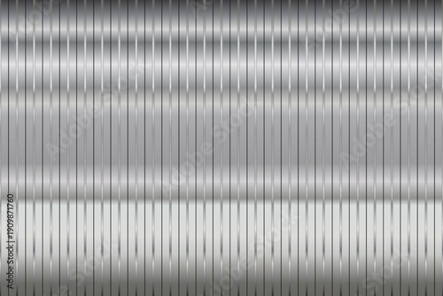 Background of vertical ribbed polished stainless steel panels with smooth gradient shine, subtle reflections and chrome-like metallic finish.