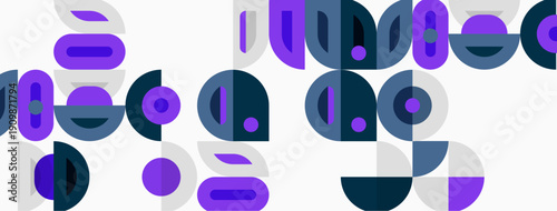 Abstract composition featuring overlapping circles, rectangles, varying shades purple, teal, white. Minimalist design, geometric shapes create dynamic pattern.