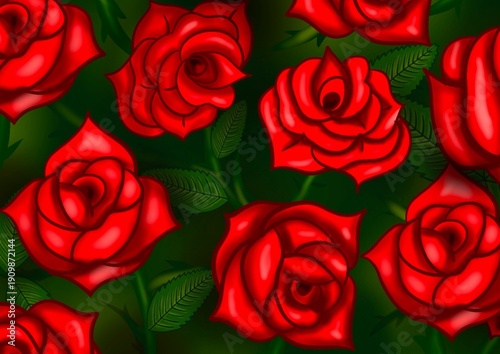 Red Rose Leafy Background Wallpaper Illustration