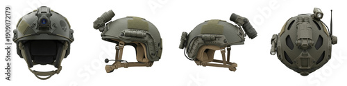 Tactical Military Helmet PNG Isolated White Background, Olive Drab Ballistic Combat Helmet Set, Special Forces Head Protection Gear, Army Equipment Mockup Clipart