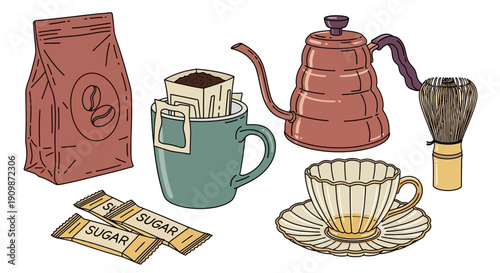 A still life setup of coffee and sugar on a table, viewed from directly above, showcasing various kitchen essentials in a minimalist style