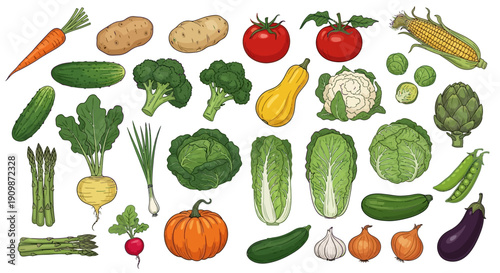 Assorted Vegetables and Fruits Displayed Together