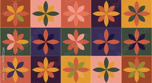 A vibrant grid of colorful flower illustrations arranged in a geometric pattern, showcasing various designs