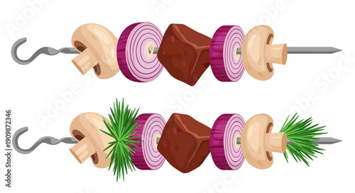 Skewered meat and vegetables arranged on two kebabs, viewed from the side, against a clean background, showcasing a culinary preparation.