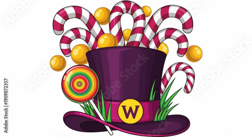 A whimsical purple top hat adorned with colorful candies and sweets, surrounded by striped candy canes and green leaves, viewed from a slightly angled front perspective