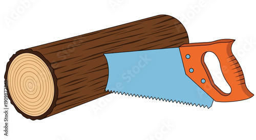 A handsaw cutting through a log of wood, showcasing carpentry tools and woodworking techniques from a close-up view.