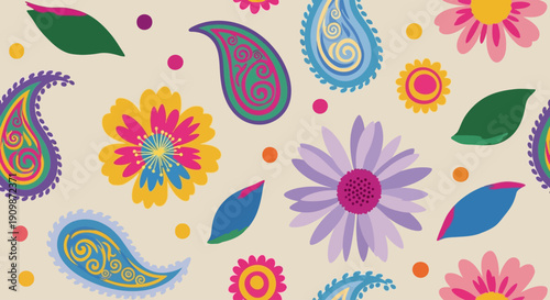 Vibrant floral pattern with paisley and leaves viewed from directly above in a lively wallpaper design