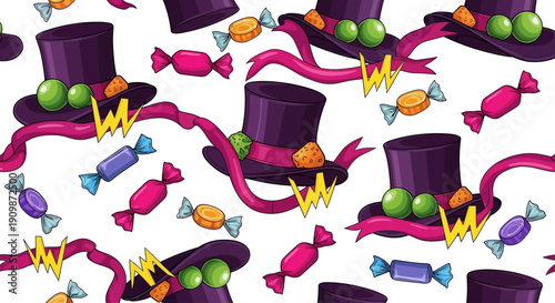 Colorful candies and top hats pattern on a seamless background viewed from directly above