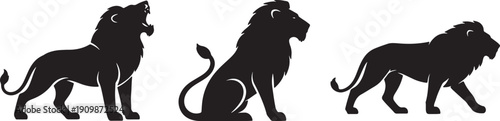 Black lion silhouettes, vector icons, roaring, sitting, walking, for logo or emblem, isolated on transparent background, png