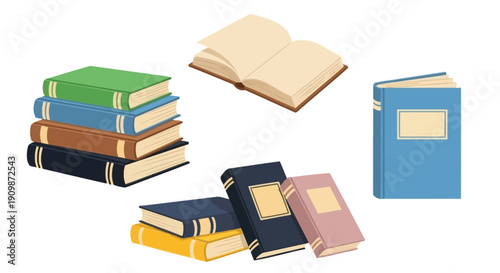Collection of assorted books displayed in a scattered arrangement on a plain surface viewed from directly above