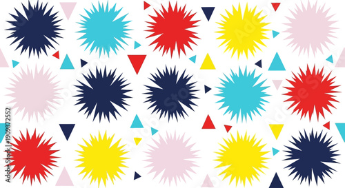 Vibrant abstract shapes and colorful spiky balls in a dynamic pattern on a clean background from a straightforward viewpoint