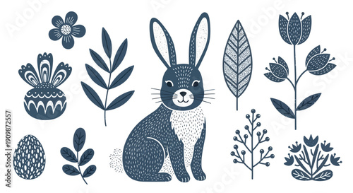 Illustration of a rabbit surrounded by various floral elements and foliage in a stylized design