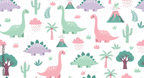 A vibrant dinosaur pattern featuring various prehistoric creatures and plants in a whimsical landscape viewed from above