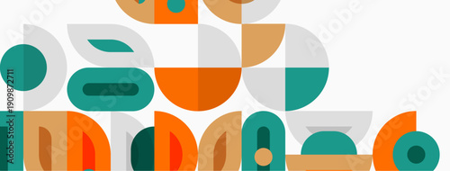 Abstract geometric shapes overlap, creating playful composition. Colors include orange, teal, gray, beige. Minimalist design evokes midcentury modern style.