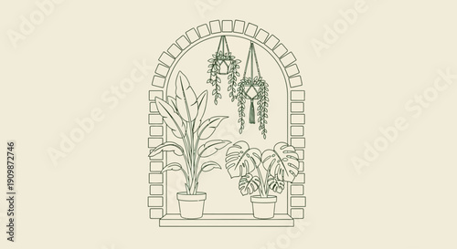Line drawing of potted plants and hanging ferns in an arched window frame viewed from outside