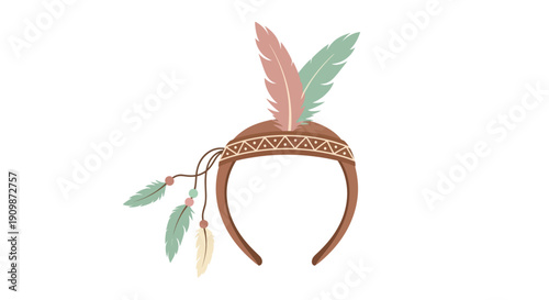 Traditional Native American headdress with feather and leaf decorations on a brown headband, cultural heritage illustration