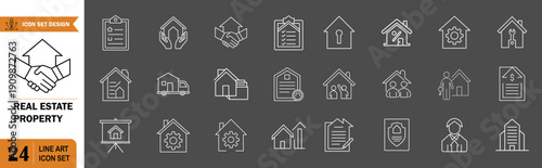 Real Estate Property Management Line Icon Set Modern Home Insurance Construction and Housing Services Outline Collection