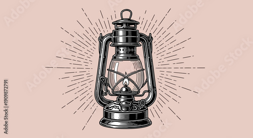 Vintage lantern illustration on a soft beige background viewed from the front with radiant light emanating