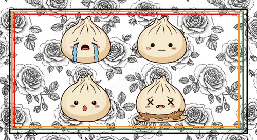 Cartoon dumplings with different facial expressions on a floral background illustration