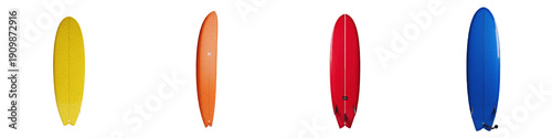 Colorful Surfboard PNG Isolated White Background, Yellow Orange Red Blue Longboard Set, Professional Surfing Equipment Collection, Summer Water Sports Clipart
