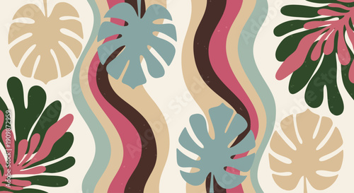 Vibrant illustration of monstera leaves and wavy lines in a seamless pattern on a neutral background from a top viewpoint