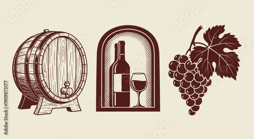 Wine barrel, bottle, and grapes illustration showcasing wine production elements in a classic, elegant setting from a straightforward viewpoint