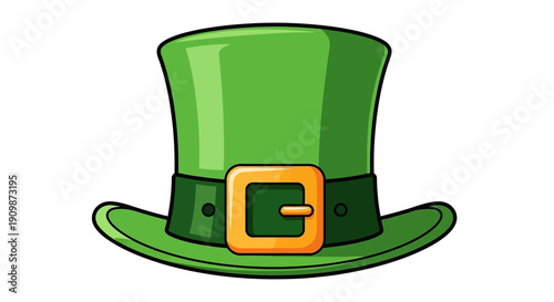 A vibrant green leprechaun hat with a golden buckle illustration on a plain background from a straightforward viewpoint