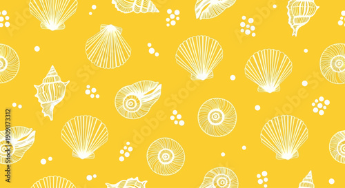 Seashells and ocean patterns in a vibrant yellow background viewed from directly above
