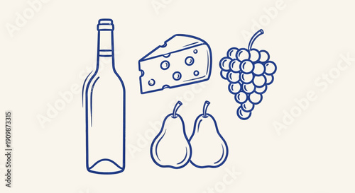 A simple line drawing of wine, cheese, fruit, and grapes on a plain background from a straightforward viewpoint.