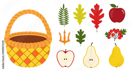 A vibrant basket filled with fresh fruits and leaves, showcasing a harvest scene from a top-down viewpoint.