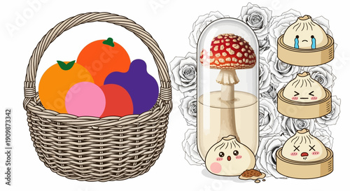 Assorted fruits and desserts displayed in a basket and jar from an overhead viewpoint