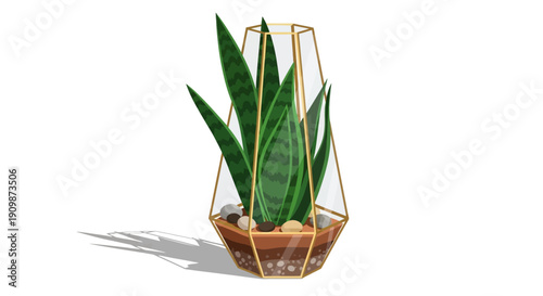 A snake plant in a gold geometric planter is showcased on a white surface from a front viewpoint