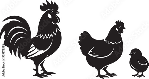 black silhouette rooster, hen, and chick vector icons, farm animal symbols, isolated on transparent background, png