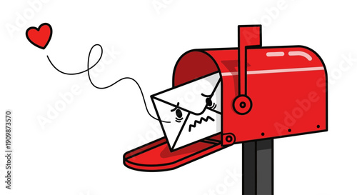 A red mailbox with an open lid and a letter emerging, love letter being sent, postal service, mail, affection