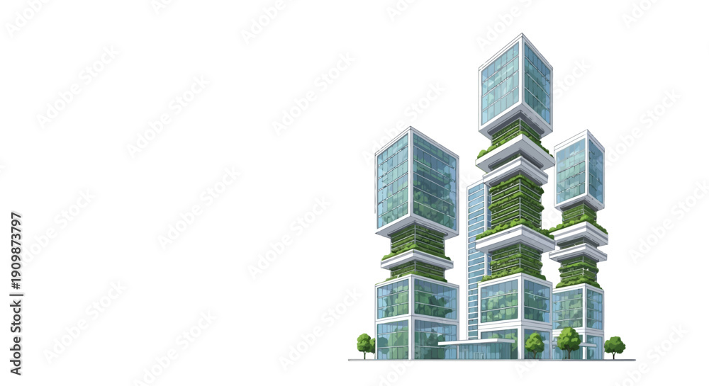 Fototapeta premium Futuristic green building architecture with lush vegetation.