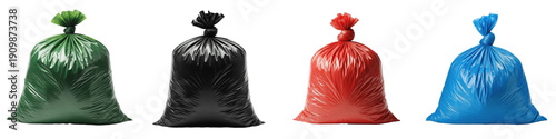 Colorful Plastic Garbage Bag PNG Isolated White Background, Red Blue Green Black Trash Bag Set, Waste Disposal Rubbish Sack Collection, Janitorial Supplies Clipart