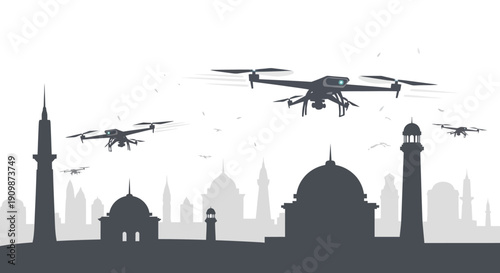 Drones flying over a city skyline with mosque silhouettes.