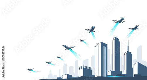 Futuristic cityscape with flying aircrafts over skyscrapers.