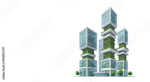 Futuristic green building architecture with lush vegetation.