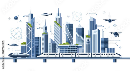 Futuristic Cityscape with Skyscrapers and Advanced Transportation.