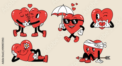 Collection of cartoon hearts expressing various emotions and situations in a playful, anthropomorphic style