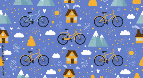 Cycling through mountains and houses in a serene landscape view with bicycles and clouds