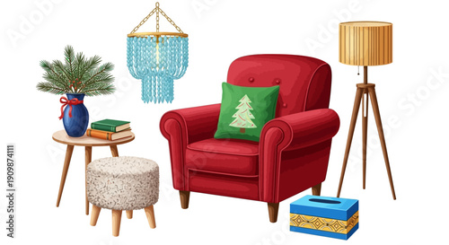 Cozy red armchair with Christmas pillow surrounded by decorative elements in a festive indoor setting viewed from the front