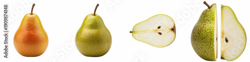 Fresh Pear PNG Isolated White Background, Whole Green and Yellow Pears, Sliced Half and Quarter Fruit Set, Healthy Organic Food, Juicy Bartlett Pear Clipart
