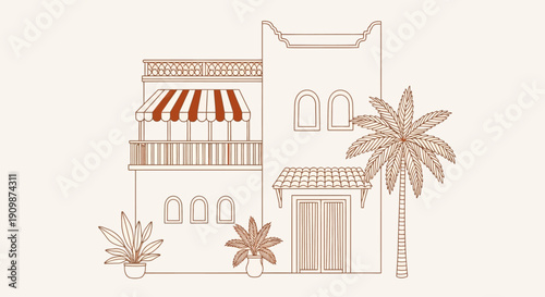 Illustration of a Mediterranean-style building with a balcony and palm tree in a serene environment from a front viewpoint