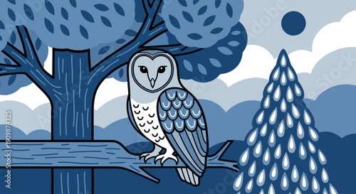 A barn owl perched on a wooden fence in a serene forest landscape at dusk with trees and mountains in the background